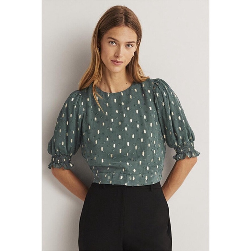 Boden Cropped Metallic Smocked Top Women’s 14 - Picture 7 of 7